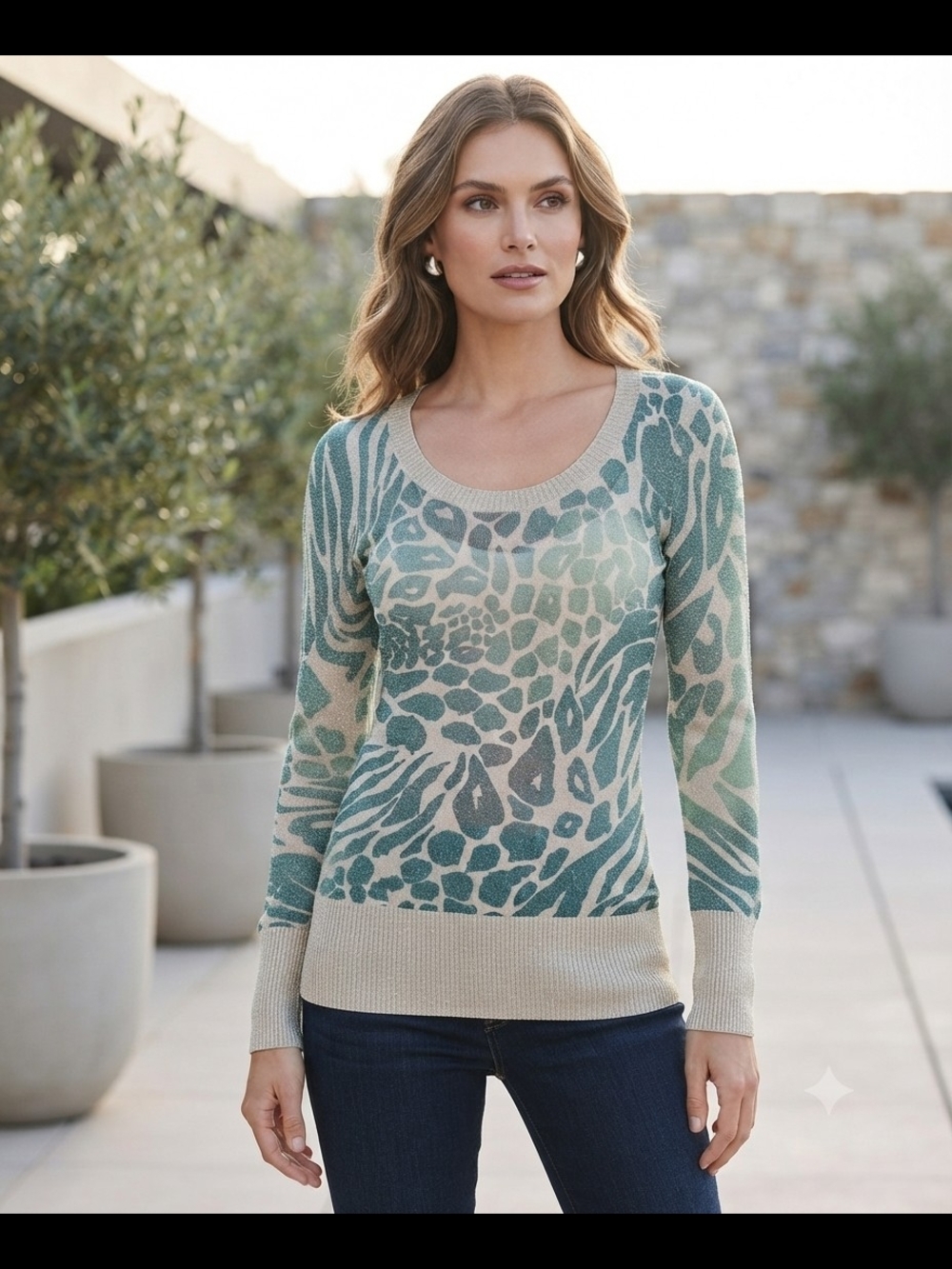 NWOT Express Teal/Gold Animal-Print Scoop Neck Sweater